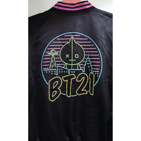 BT21 Black Pink Neon Women’s Bomber Jacket Double Sided Pockets Medium EUC - Picture 6 of 9